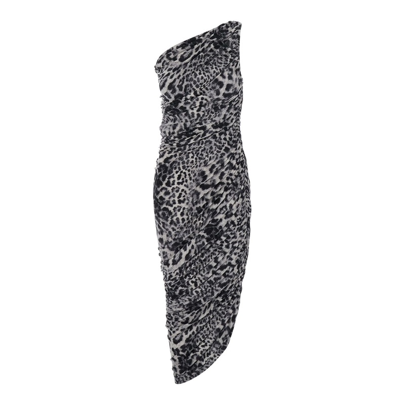 ‘Diana’ Grey One-Shoulder Dress with Asymmetric Hem and All-Over Leopard Motif in Tech Fabric Stretch Woman