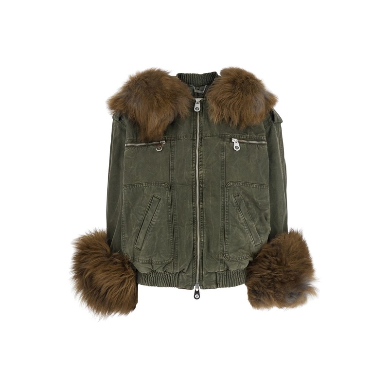 Green Jacket with Removable Fur Details in Cotton Woman