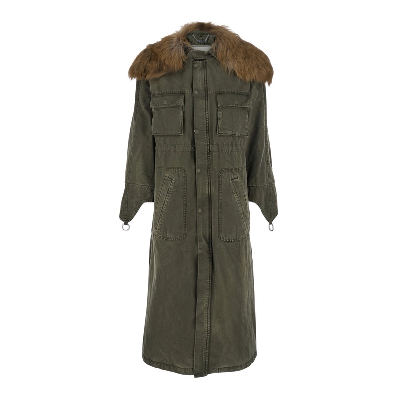 Green Long Coat with Removable Fur Detail in Cotton Woman