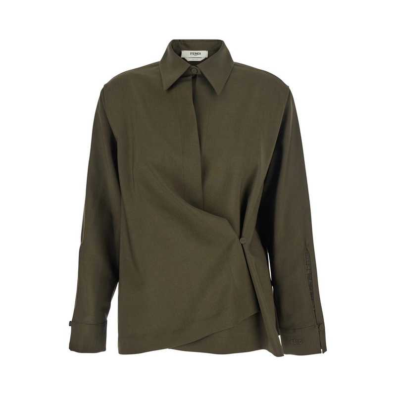 Green Shirt with Asymmetric Side Closure and Cut-Out Detail on the Front in Wool Woman