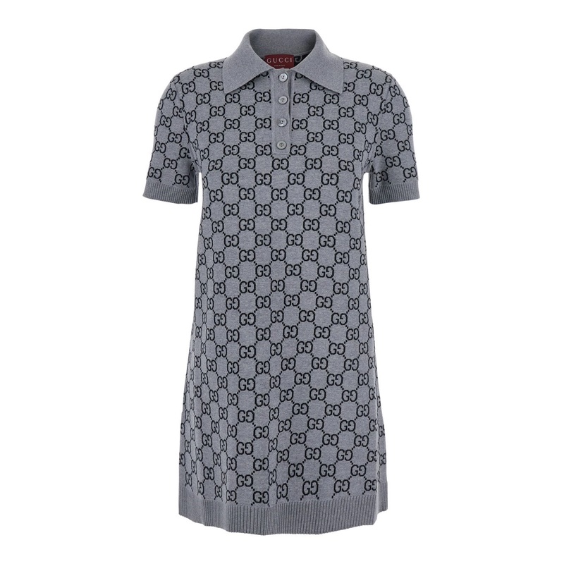 Grey Dress with Wide Collar and All-Over GG Motif in Wool Woman