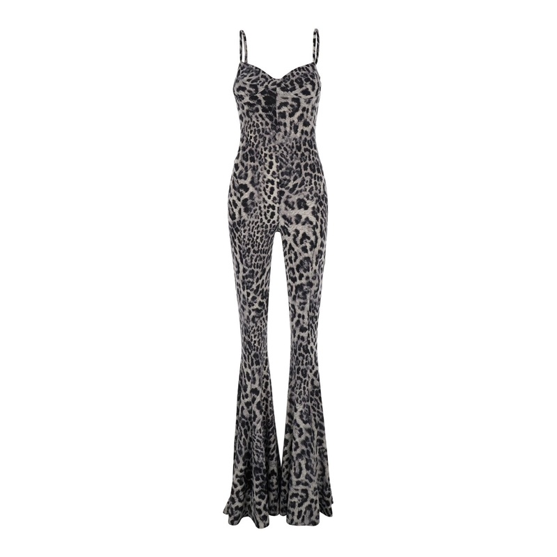 Grey Jumpsuit with Adjustable Shoulder Straps and All-Over Leopard Motif in Tech Fabric Stretch Woman