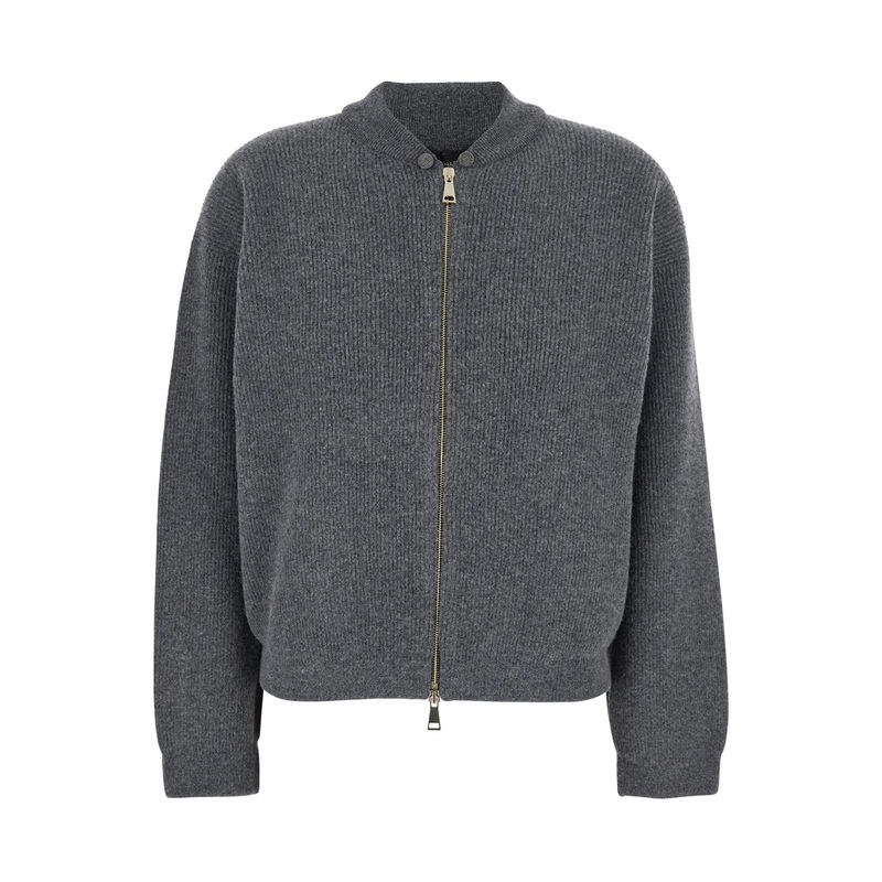 Grey Ribbed Knit Sweatshirt with Front Zip Closure in Wool Blend Woman