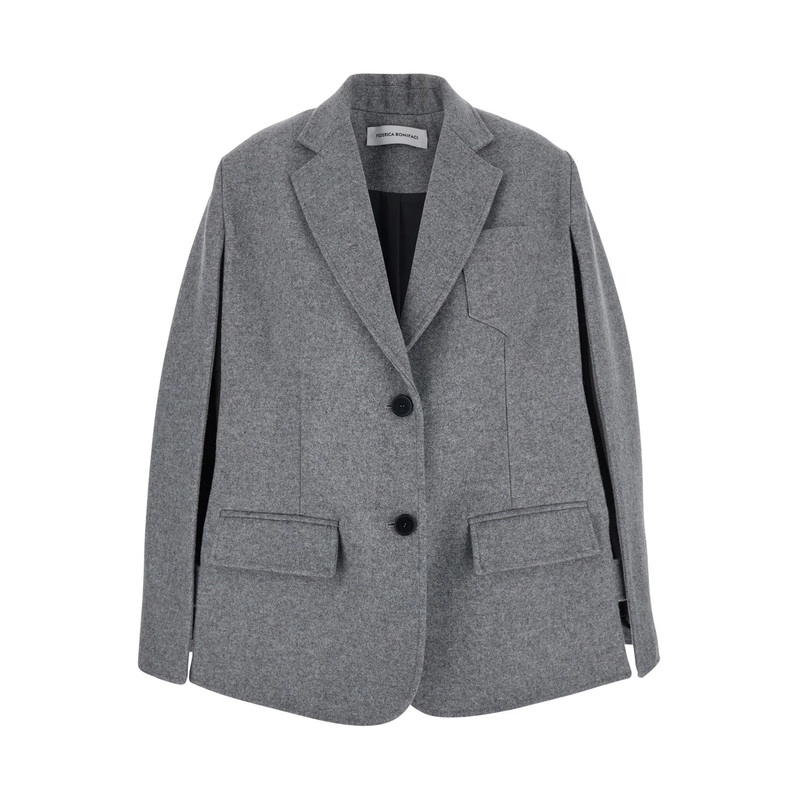 Grey Single-Breasted Jacket with Notched Revers in Wool Blend Woman