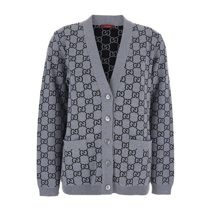 Grey V-Neck Cardigan with All-Over GG Motif in Wool Woman