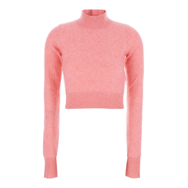 ‘Gubbio’ Pink Cropped Sweater with High Neck and Ribbed Trims in Cashmere Woman