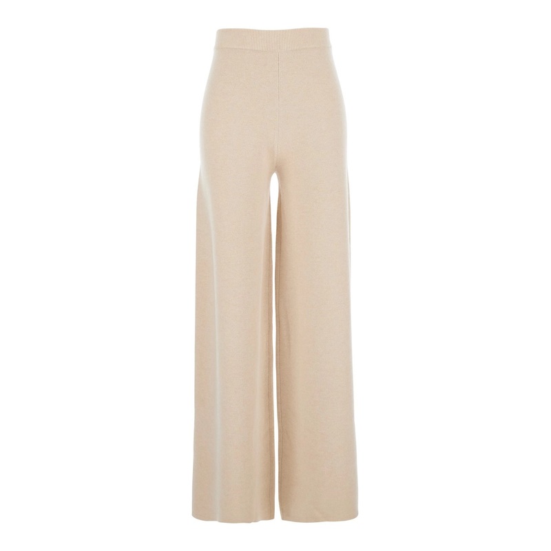 ‘Judy’ Beige Trousers with Elastic Waist and Back Logo in Wool Blend Woman