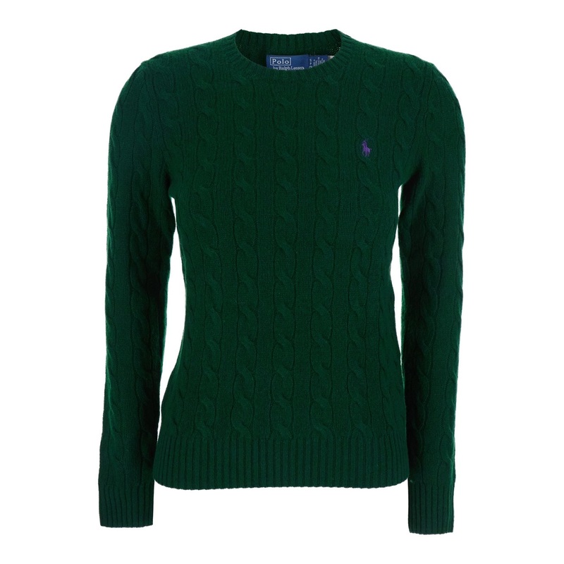 ‘Julianna’ Green Sweater with Round Neck and Pony Embroidery on the Front in Wool and Cashmere Woman