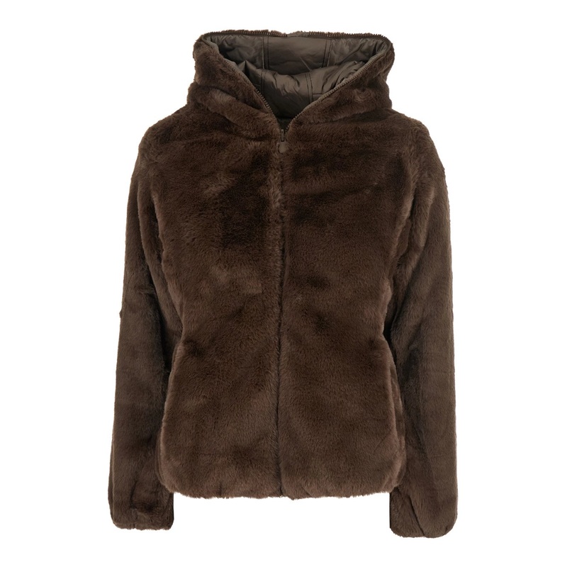 ‘Laila’ Brown Down Jacket with Hood i n Ecofur Woman