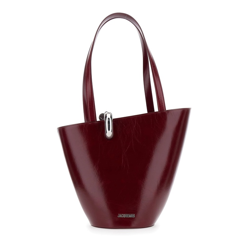 ‘Le Bambola Moyen’ Bordeaux Shoulder Bag with Front Metal Ring Closure and Embossed Logo Lettering on the Front in Leather Woman