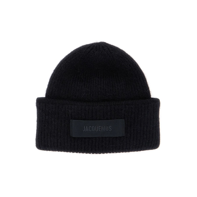 ‘Le Bonnet Gros Grain’ Black Beanie with Logo Patch on the Front in Wool Blend Woman