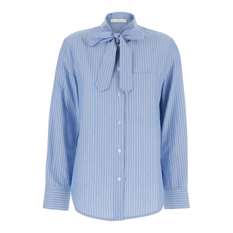 Light Blue Shirt with  Knot Collar and Striped Motif in Cotton Woman