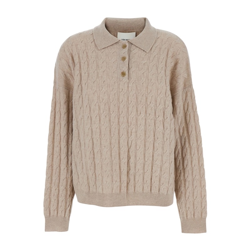 ‘Magnolie’ Beige Cable Knit Polo Shirt-Style Sweater with Classic Collar in Cashmere Woman