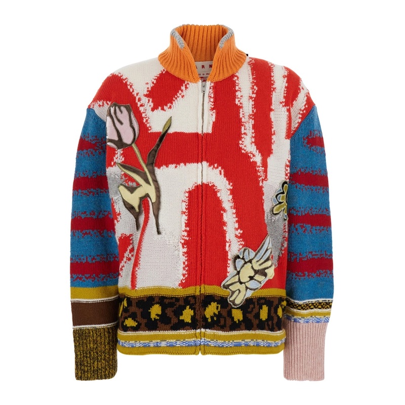 Multicolor Patchwork Cardigan with High Neck in Virgin Wool Woman