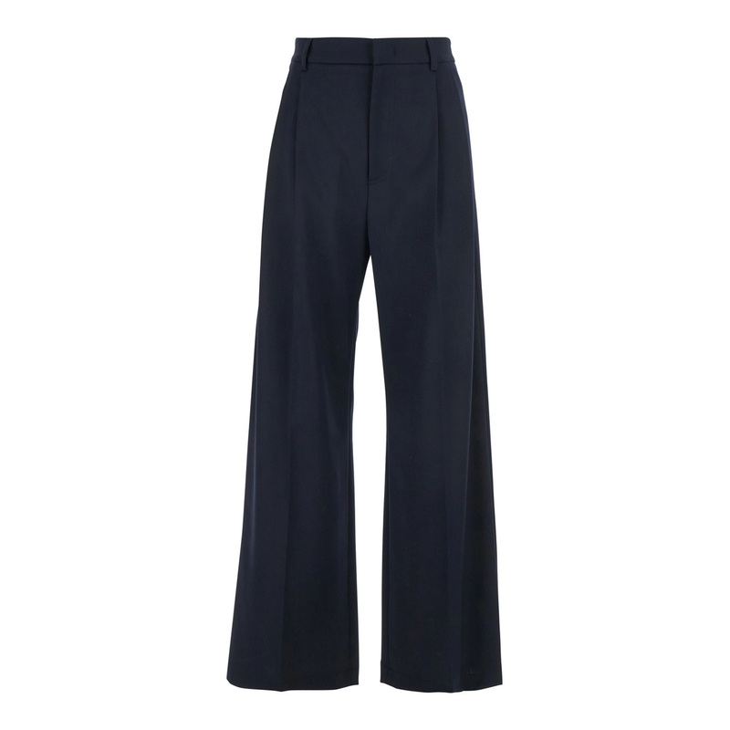‘Niside’ Blue Wide Leg Trousers with Front Pleats in Wool Blend Woman