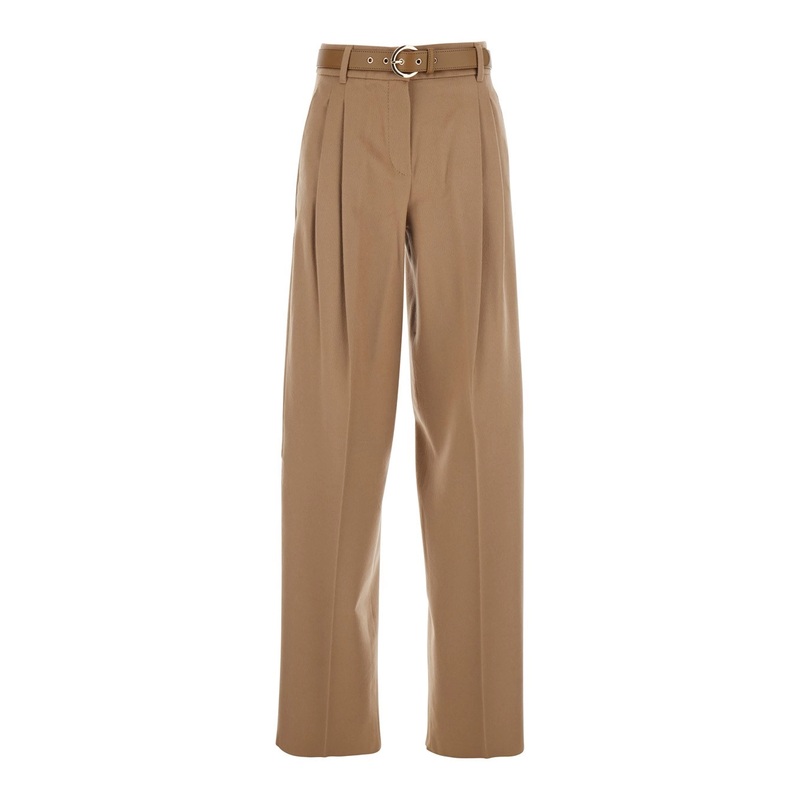 ‘Paride’ Beige Trousers with Belt and Front Pleats in Wool Woman