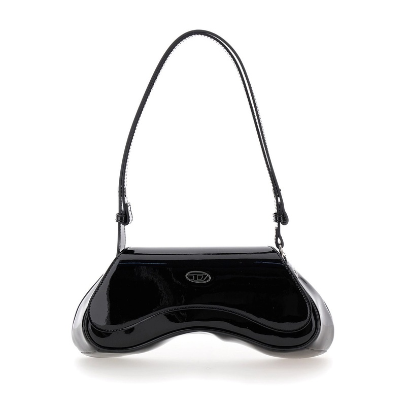‘Play’ Black Shoulder Bag with Logo Plate in Tech Fabric Woman