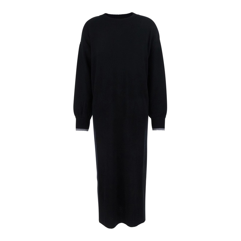 ‘Puerto Rico’ Black Crewneck Dress with Side Single Slit and Contrasting Cuffs in Wool Woman