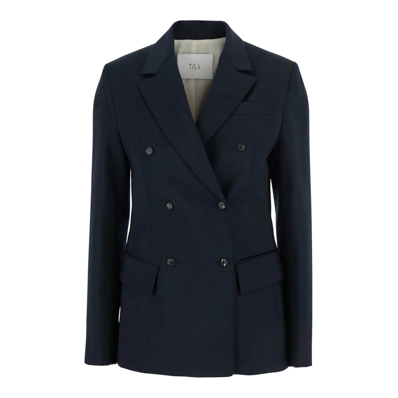 ‘Soho’ Blue Double-Breasted Jacket with Notched Revers in Wool Blend Woman