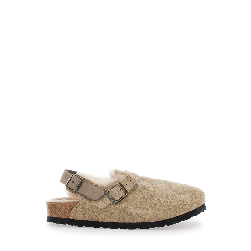 ‘Tokio’ Beige Mules with Engraved Logo in Suede and Shearling Woman