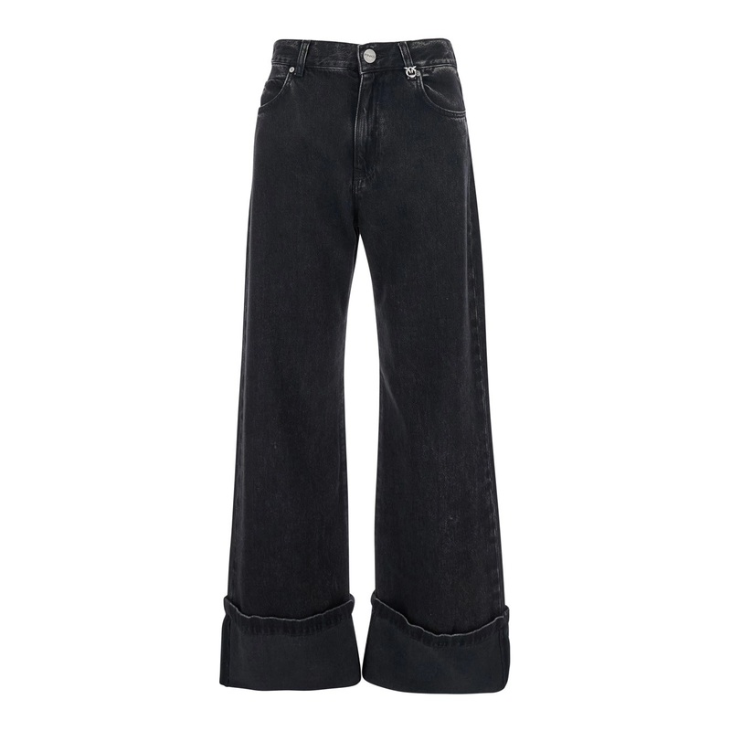 ‘Wanda’ Black Jeans with Logo Plaque on the Loop and Turn-Up Hem in Denim Woman