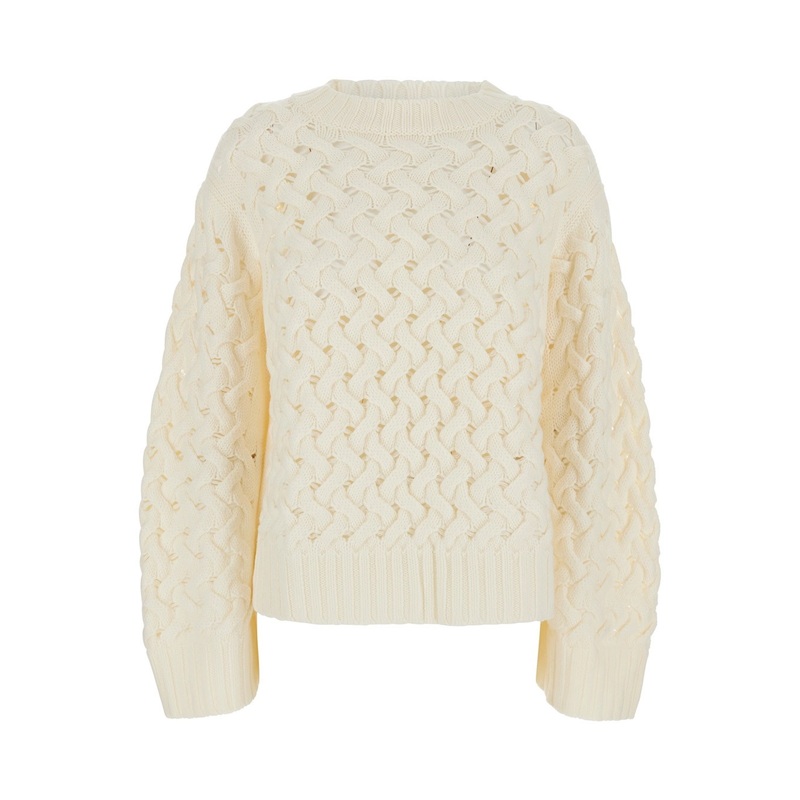 White Crewneck Sweater with Ribbed Trims and Braided Design in Wool Woman