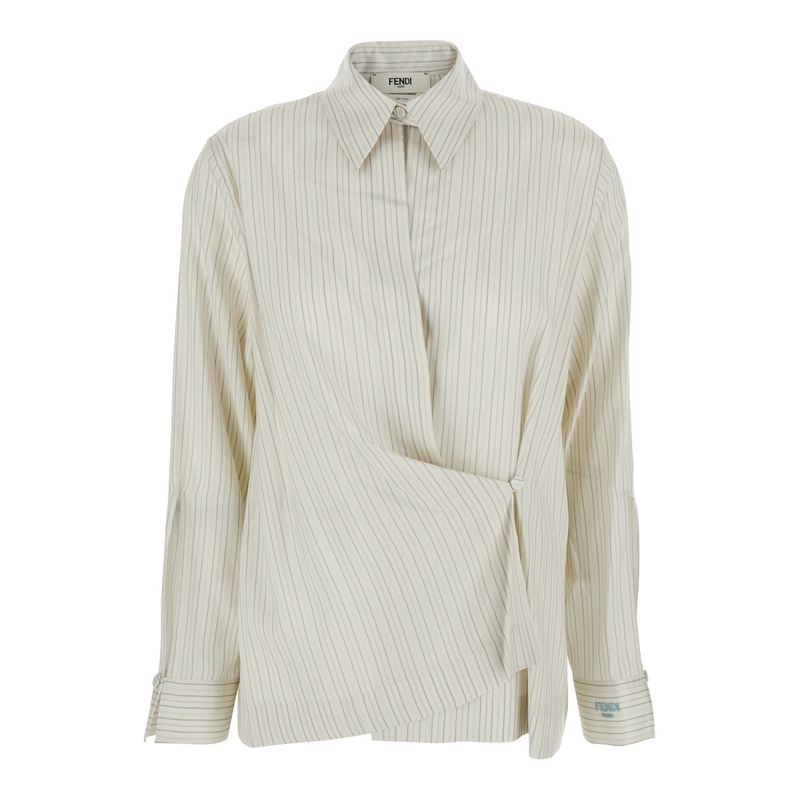 White Shirt with Point Collar and Asymmetrical Closure in Silk Woman