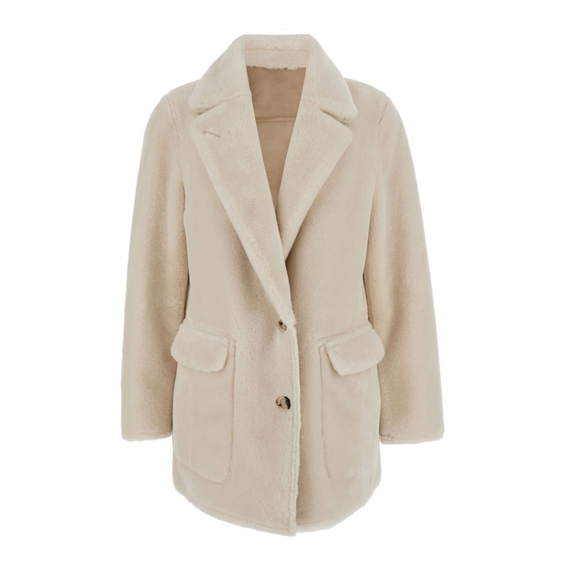 White Single-Breasted Jacket with Classic Lapels in Faux Fur Woman