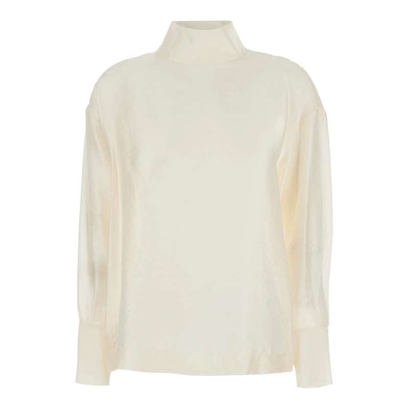 White Turtleneck Pullover with Buttoned Cuffs in Tech Fabric Woman