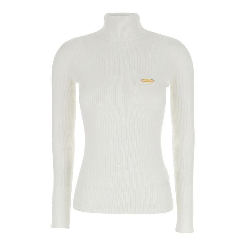 White Turtleneck Sweater with Logo Plaque on the Front in Silk Blend Woman