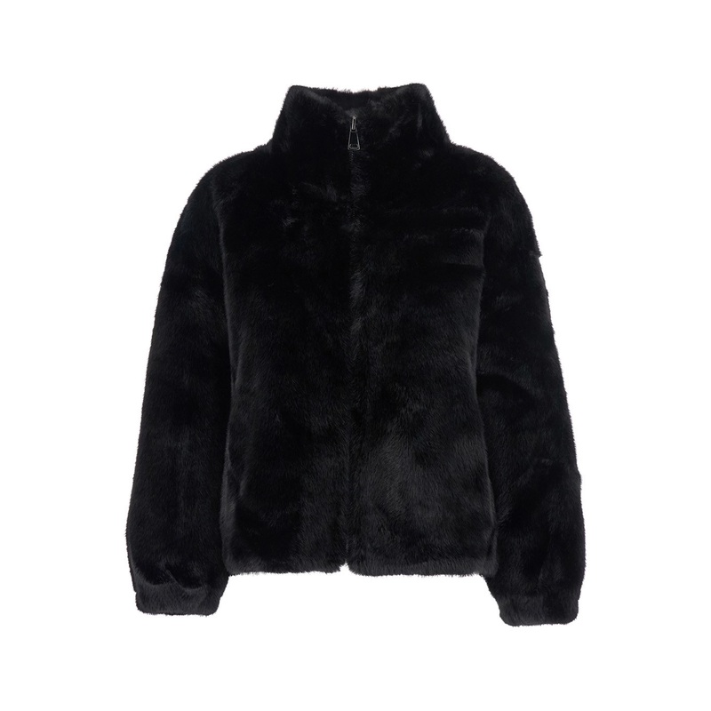‘Annie’ Black Fur Jacket with Classic Collar and Front Zip Closure in Ecofur Woman