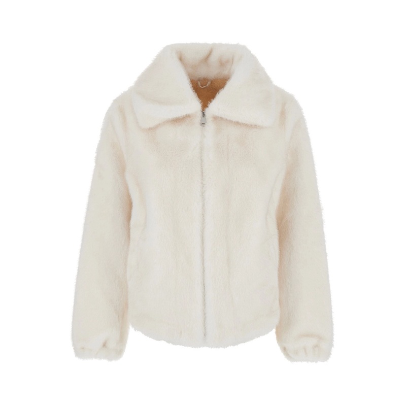 ‘Annie’ White Fur Jacket with Spread Collar and Front Zip Closure in Ecofur Woman