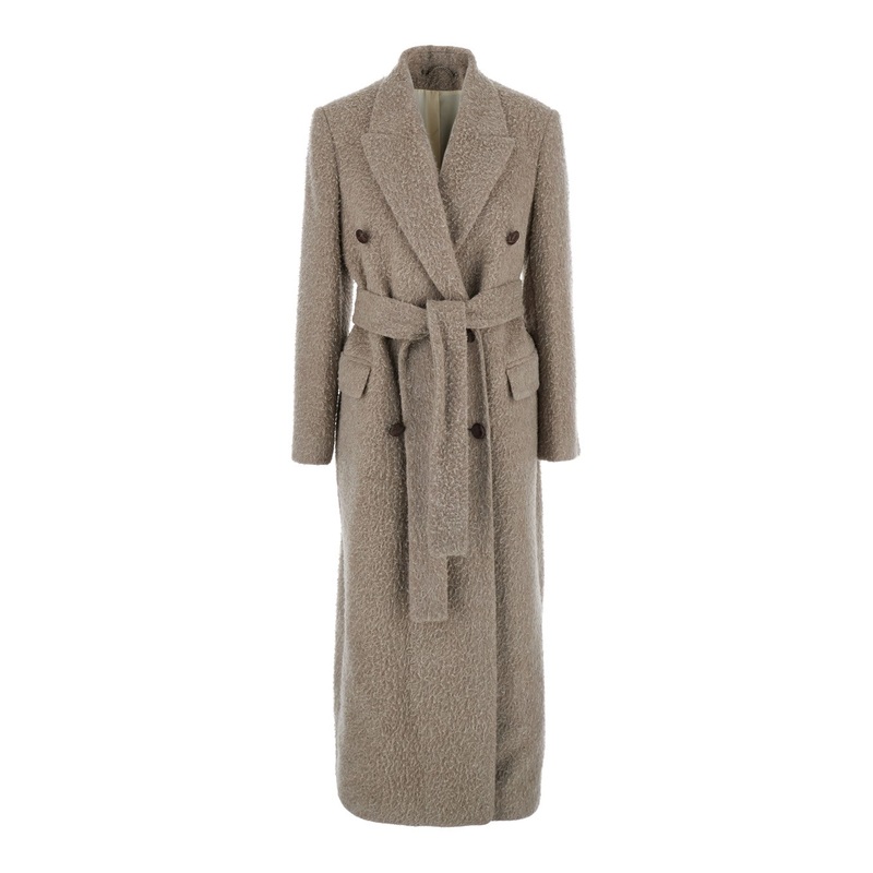 Beige Double-Breasted Coat with Classic Lapels and Belt in Wool and Mohair Blend Woman