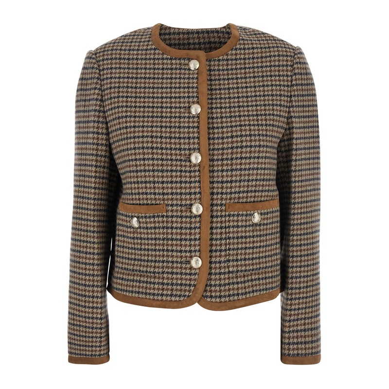 Beige Jacket with Button Closure and Front Pockets in Tweed Woman