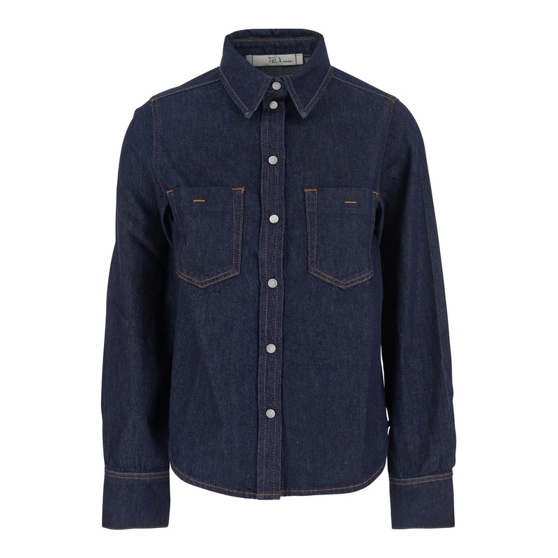 ‘Ben’ Blue Shirt with Pointed Collar and Two Front Patch Pockets in Denim Woman