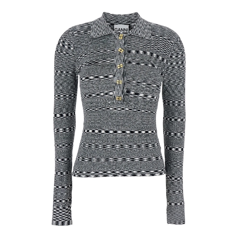 Black and White Polo Shirt with All-Over Space-Dye Effect and Button Closure in Fabric Woman