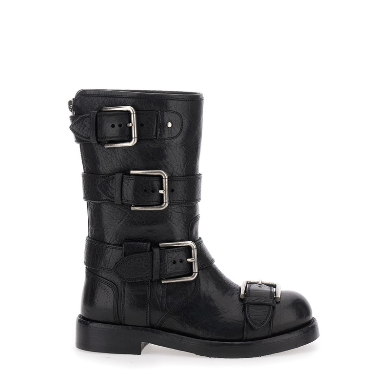 Black Ankle Boots with All-Over Buckles in Leather Woman