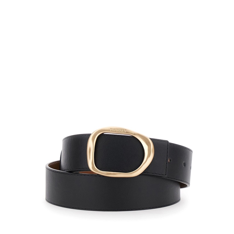 Black Belt with Buckle Closure in Grained Leather Woman