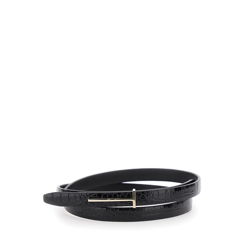 Black Belt with T Buckle Closure and Embossed Crocodile Effect in Leather Woman
