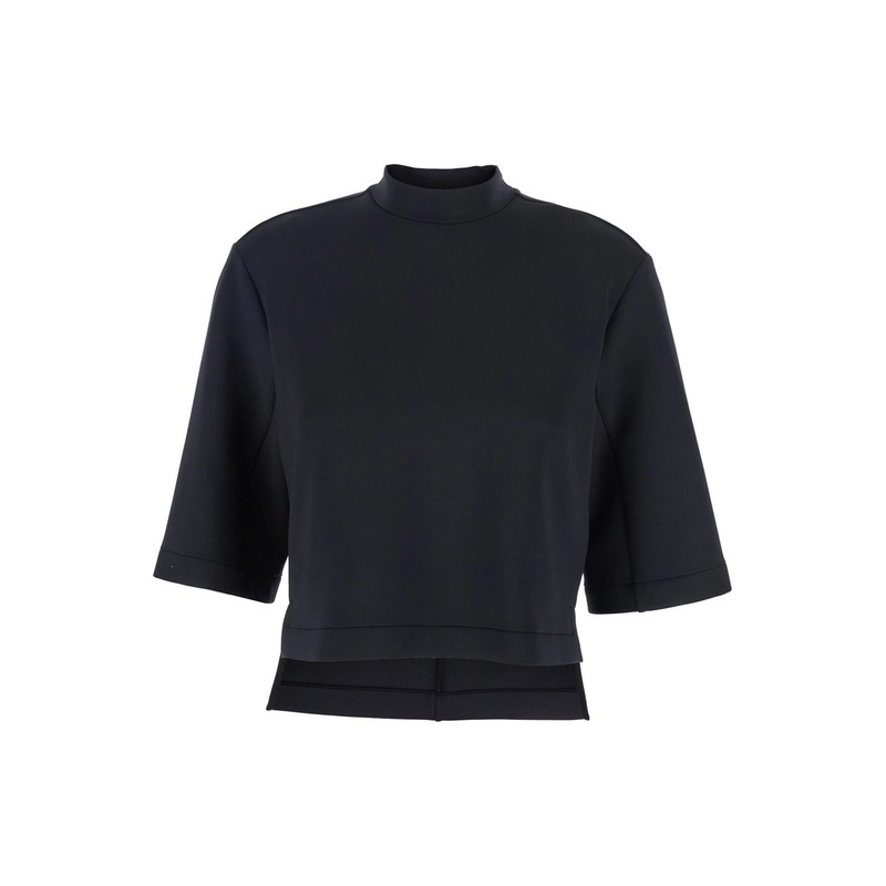 Black Crew Neck T-Shirt with Logo Patch Applied on the Back in Tech Fabric Woman