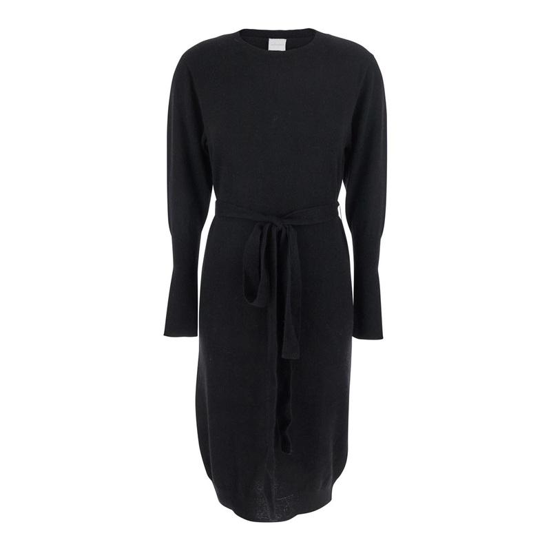 Black Crewneck Dress with Front Belt in Cashmere Woman