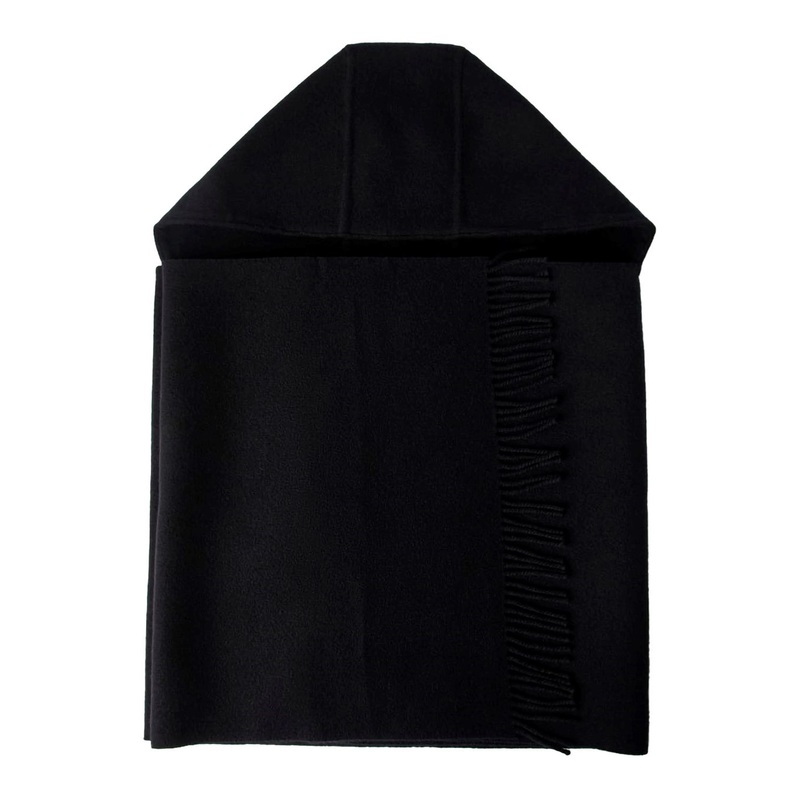 Black Hooded Scarf with Fringed Details and in Wool and Cashmere Woman