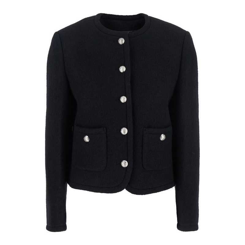 Black Jacket with Button Closure and Front Pockets in Tweed Woman