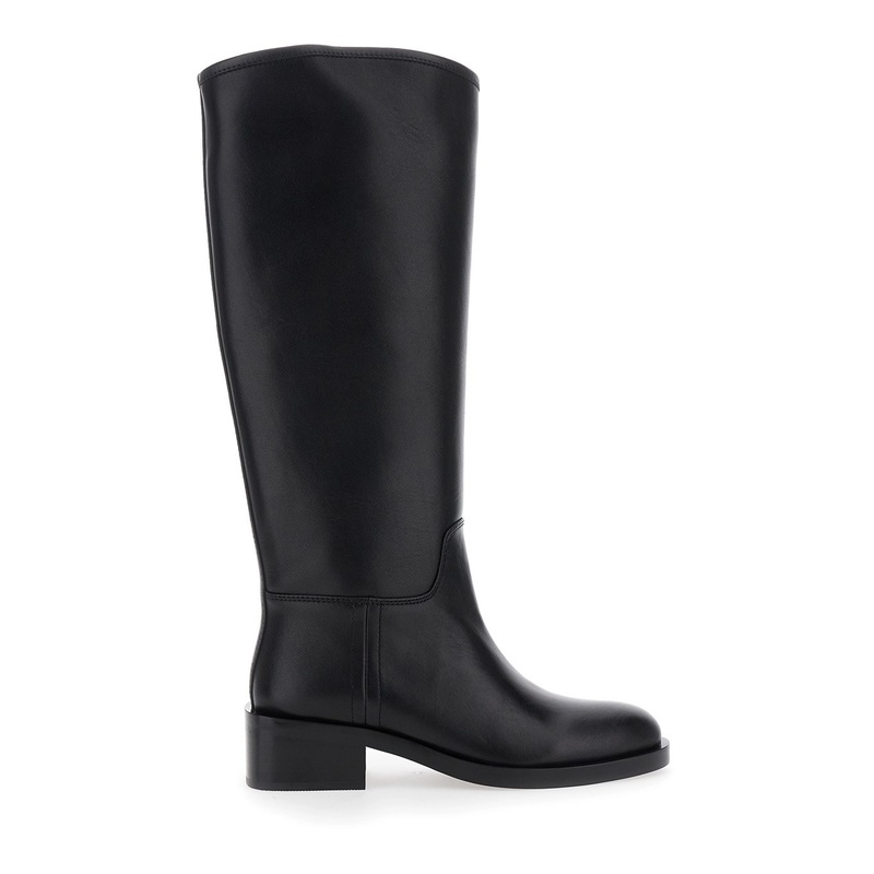 Black Knee High Boots with Block Heel in Leather Woman