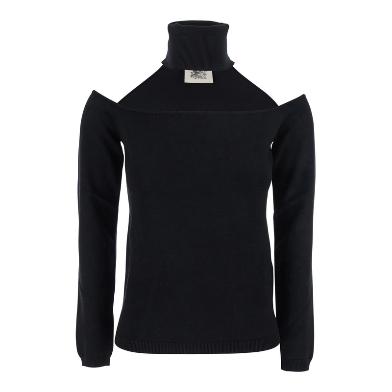 Black Off-Shoulder Long-Sleeve T-Shirt with Cut-Out on the Front in Viscose Blend Woman