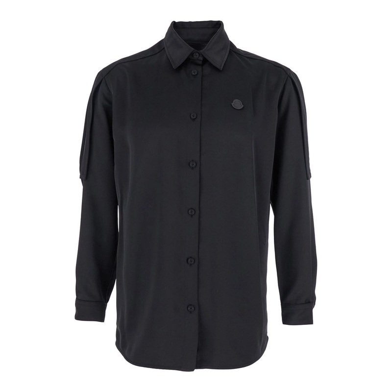 Black Shirt with Classic Collar and Logo Patch on the Chest in Tech Fabric Woman