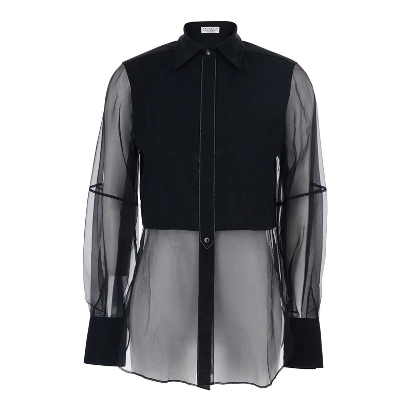 Black Shirt with Point Collar and Monils Detail on the Front in Fabric Woman