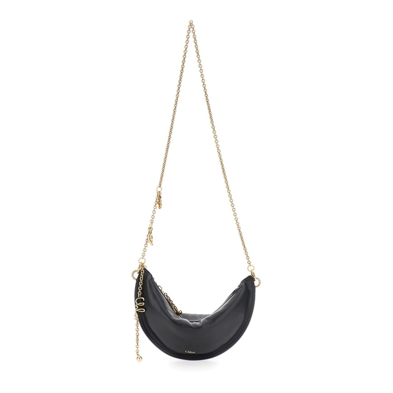 Black Shoulder Bag with Chain Shoulder Strap and Half Moon Design in Leather Woman