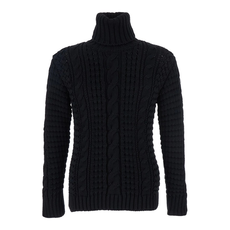 Black Turtleneck Jumper with Cable Knit and Logo Patch on the Sleeve in Merino Wool Woman