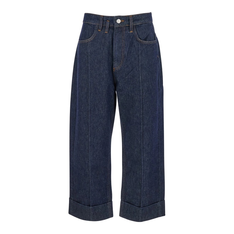 ‘Brooklyn’ Blue Jeans with Logo Patch on the Rear and Turn-Up Hem in Denim Woman